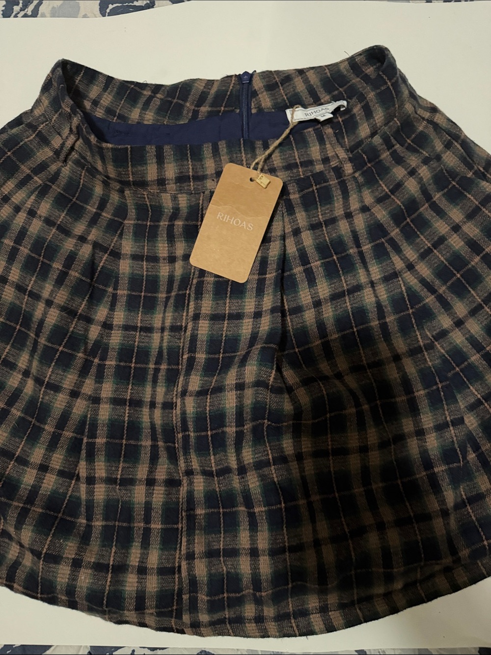 RIHOAS Navy and Brown Plaid Circle Skirt